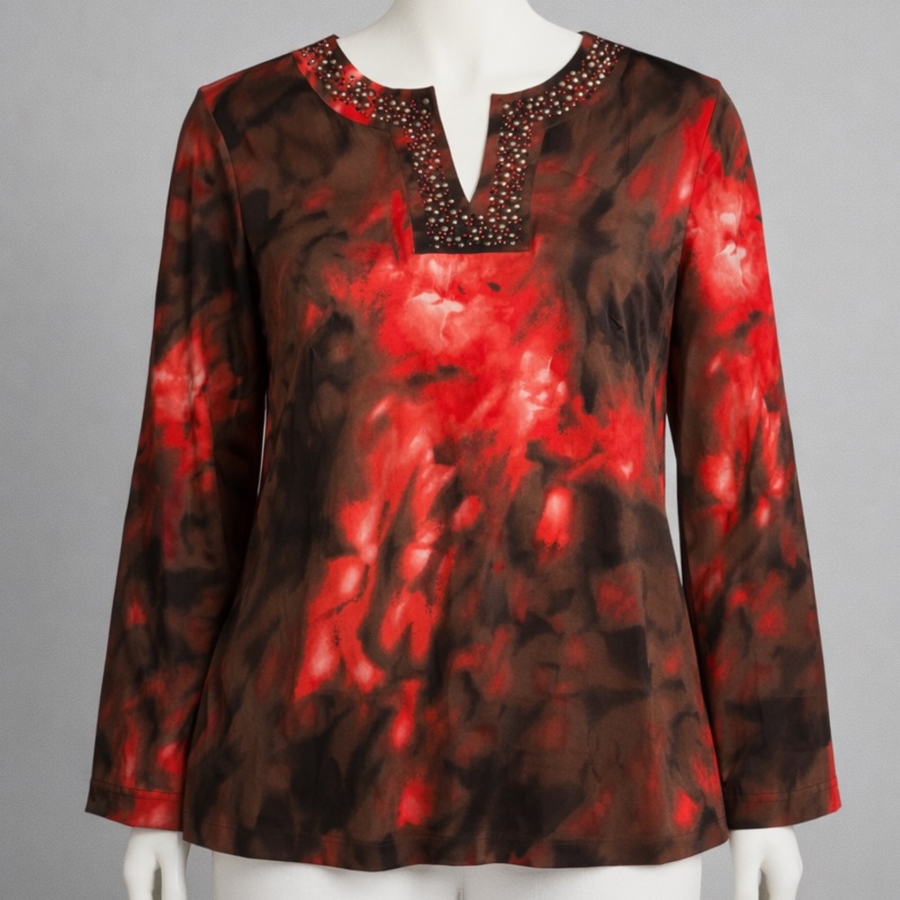 St. John Embellished Collar Silk Blend Marled Dye Long Sleeve Blouse Red Size XL